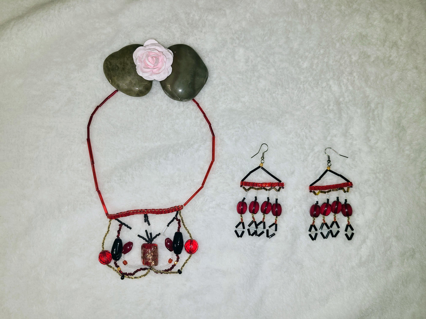 Red and black focal necklace and triangle chandelier earrings