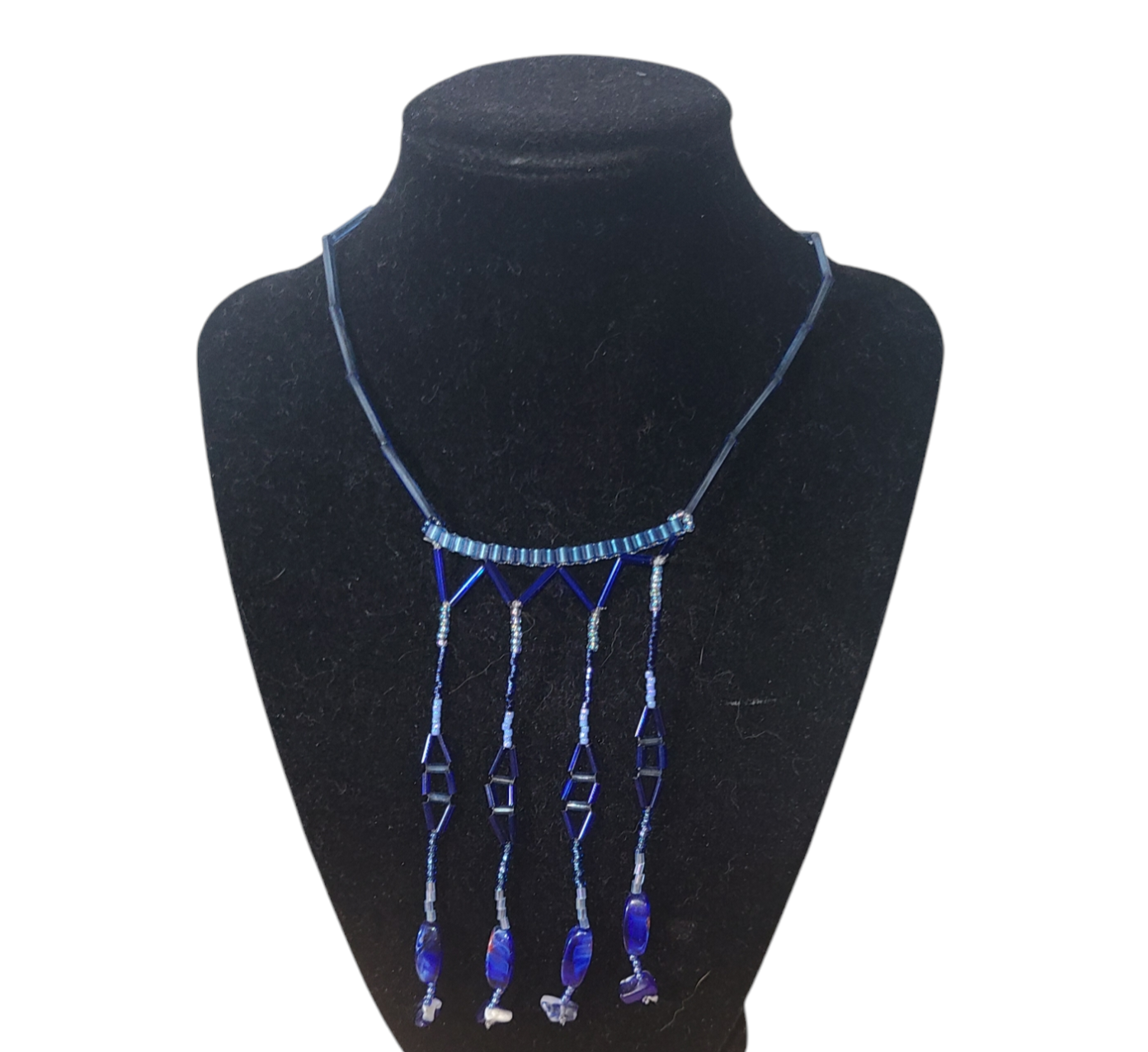 Blue Tone Glass Bead Chandelier Fringe Necklace