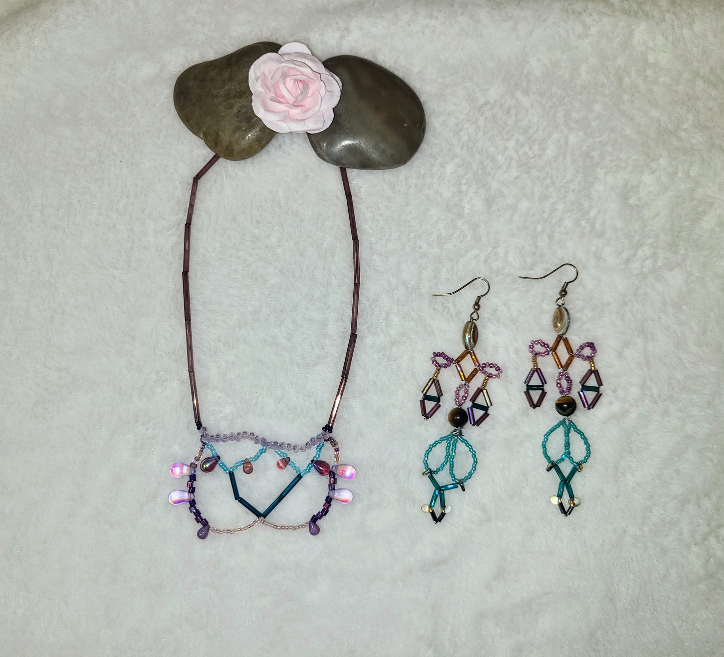 Purple and teal geometric necklace and earrings