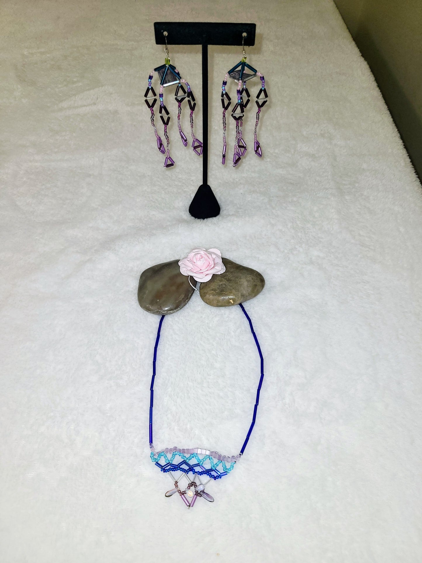 Purple and blue small geometric necklace and pagoda earrings